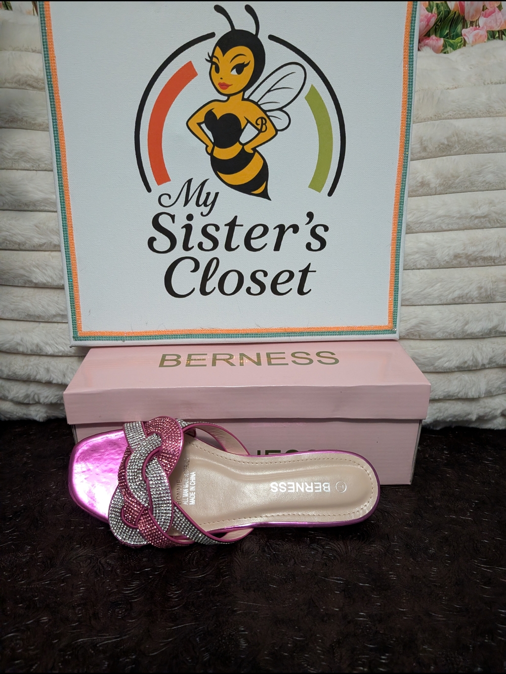 BERNESS Pink Metallic Slide Sandals with Crystal Accent